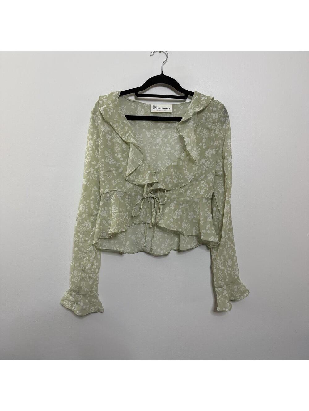Y2K No Boundaries Sheer Floral Cardigan Size XS Ruffle Coquette Feminine Green
